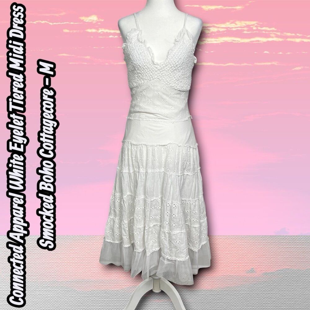 Like New Connected Apparel White Eyelet Tiered Midi Dress Smocked Boho Cottageco - Picture 2 of 9